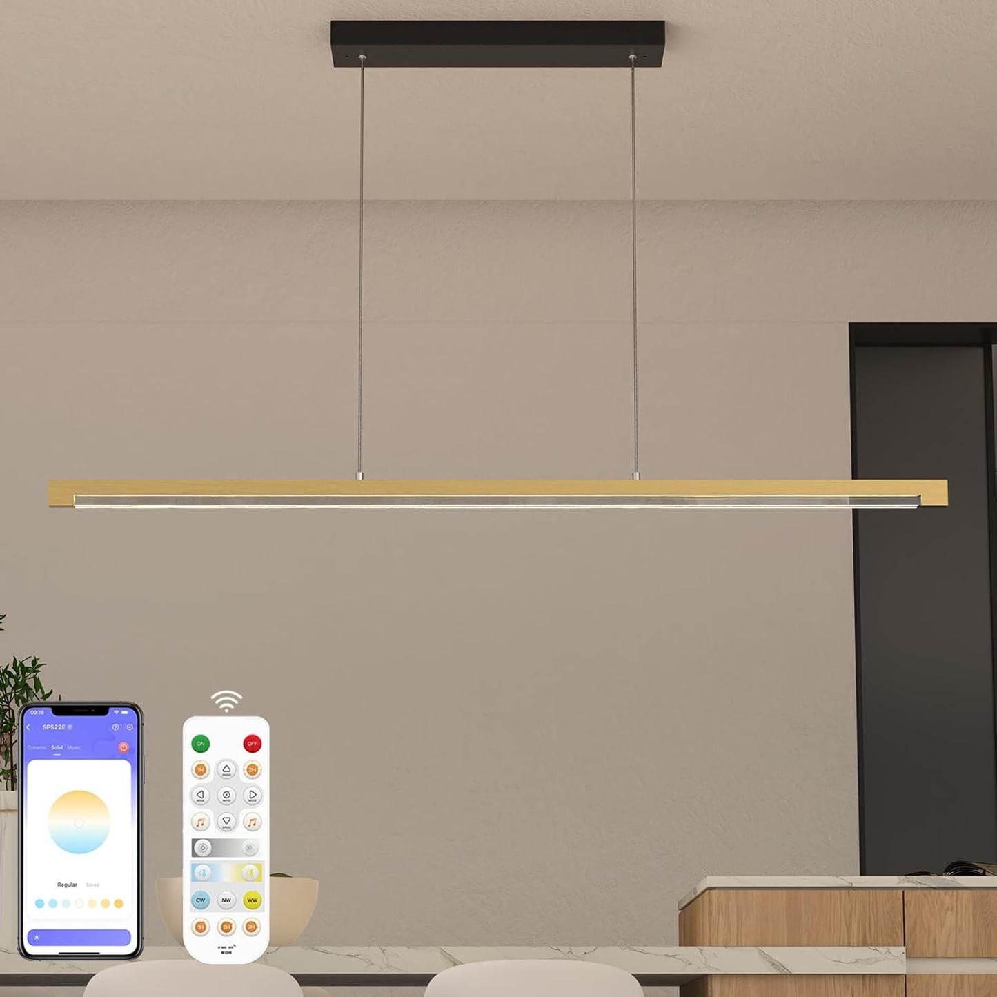 40W Gold Linear Pendant Light Dimmable Kitchen Island Lighting CCT (3000K-6000K)