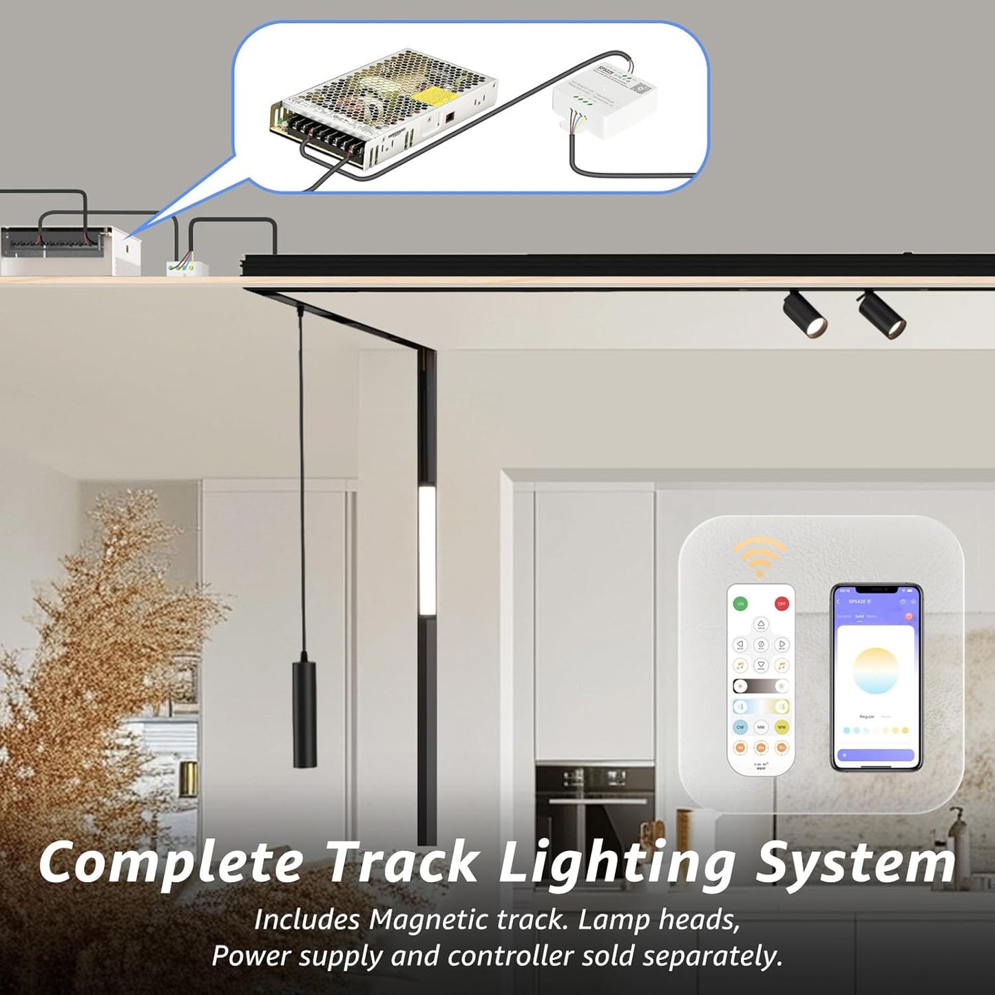 Magnetic Track Lighting Rail Kit, 4-Wire Recessed Aluminum Rail-1.6FT