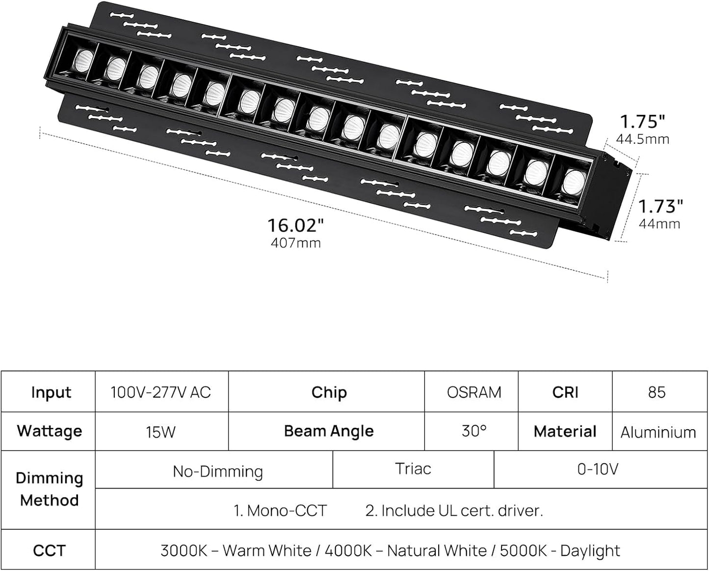 15W 4000K Recessed Spotlight, TRIAC/ELV/0-10V LED Linear Ligh
