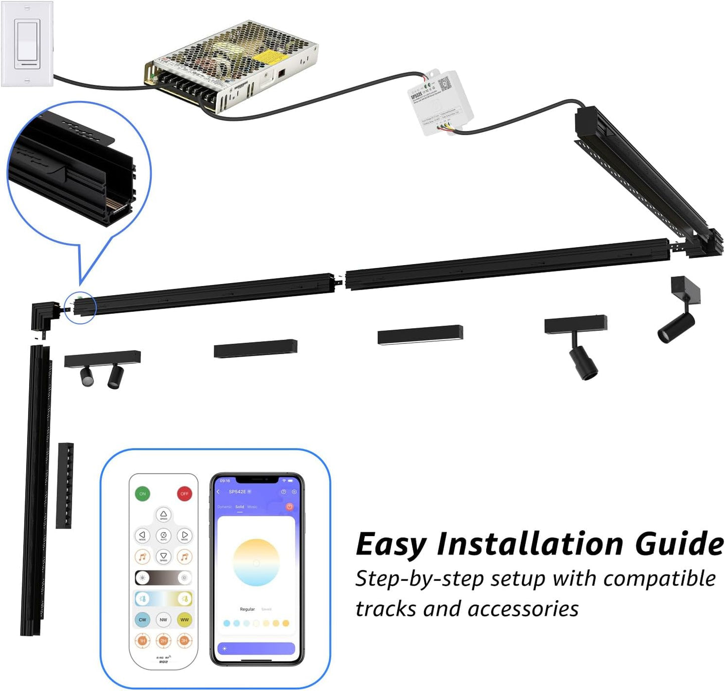 Magnetic Track Lighting Rail Kit, 4-Wire Recessed Aluminum Rail-1.6FT