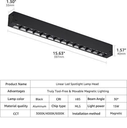 15W 3CCT Linear Spotlight Lamp Head,24V Magnetic Track Lighting Lamp
