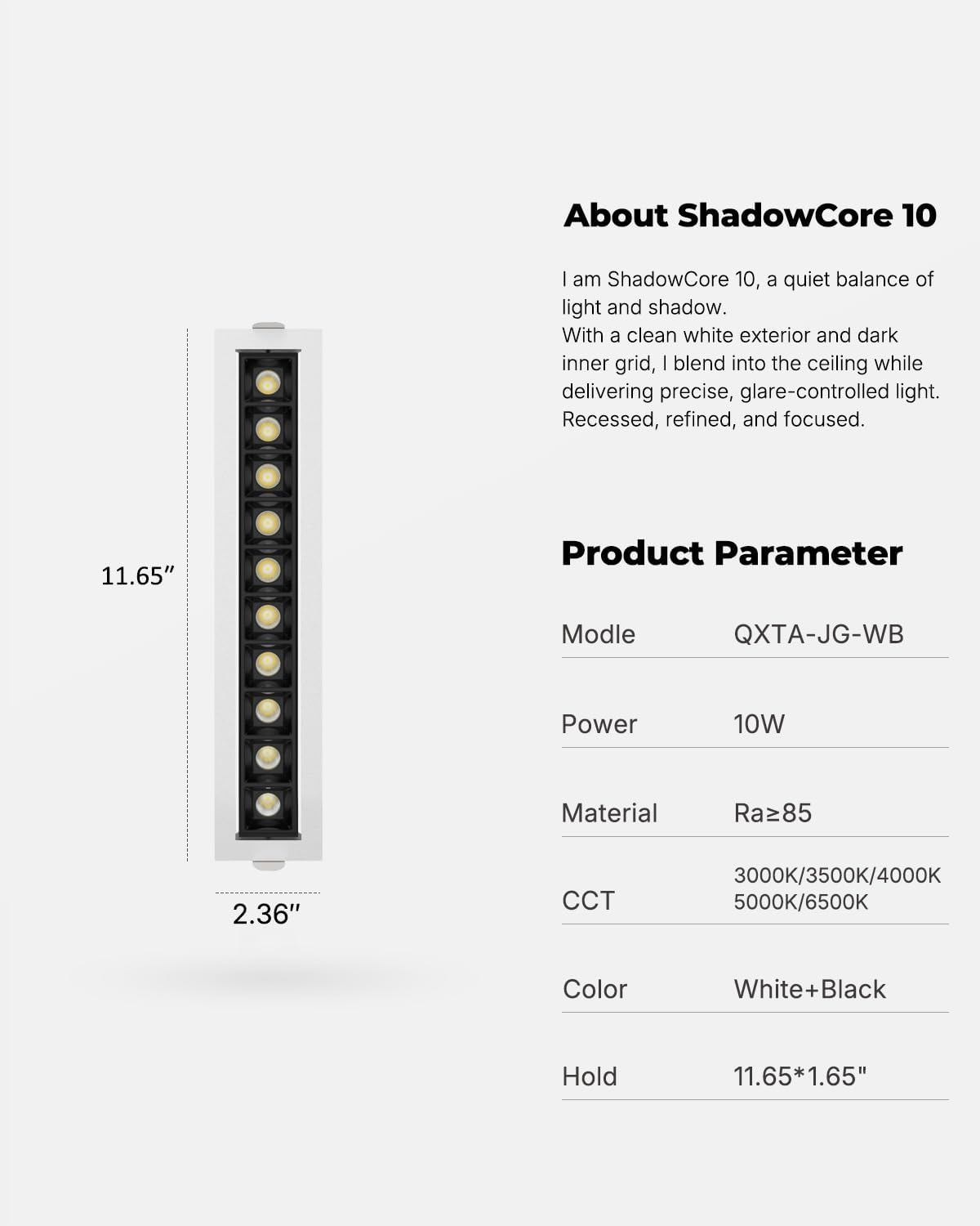10W Recessed Linear Spotlight, CCT 3000K-6500K Downlight with Trim
