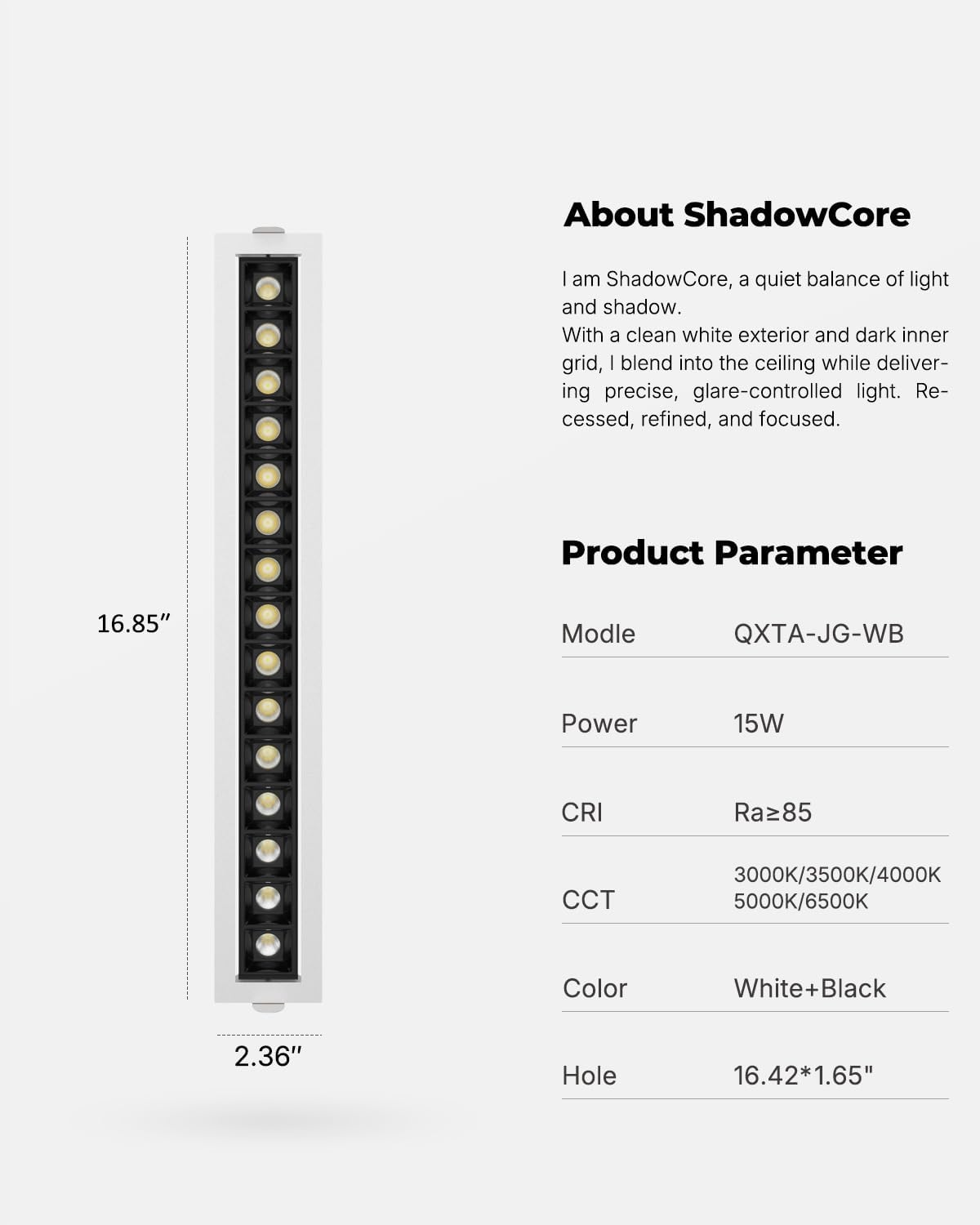 15W Recessed Adjustable Array Spotlight, CCT 3000K-6500K Downlight with Trim