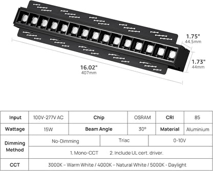 15W 4000K Recessed Spotlight, TRIAC/ELV/0-10V LED Linear Ligh