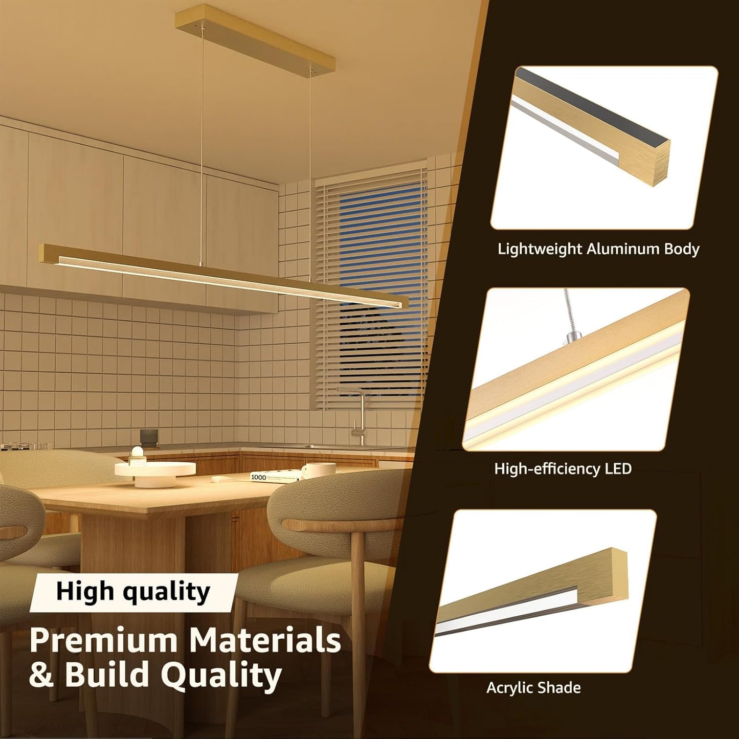 40W Gold Linear Pendant Light Dimmable Kitchen Island Lighting CCT (3000K-6000K)